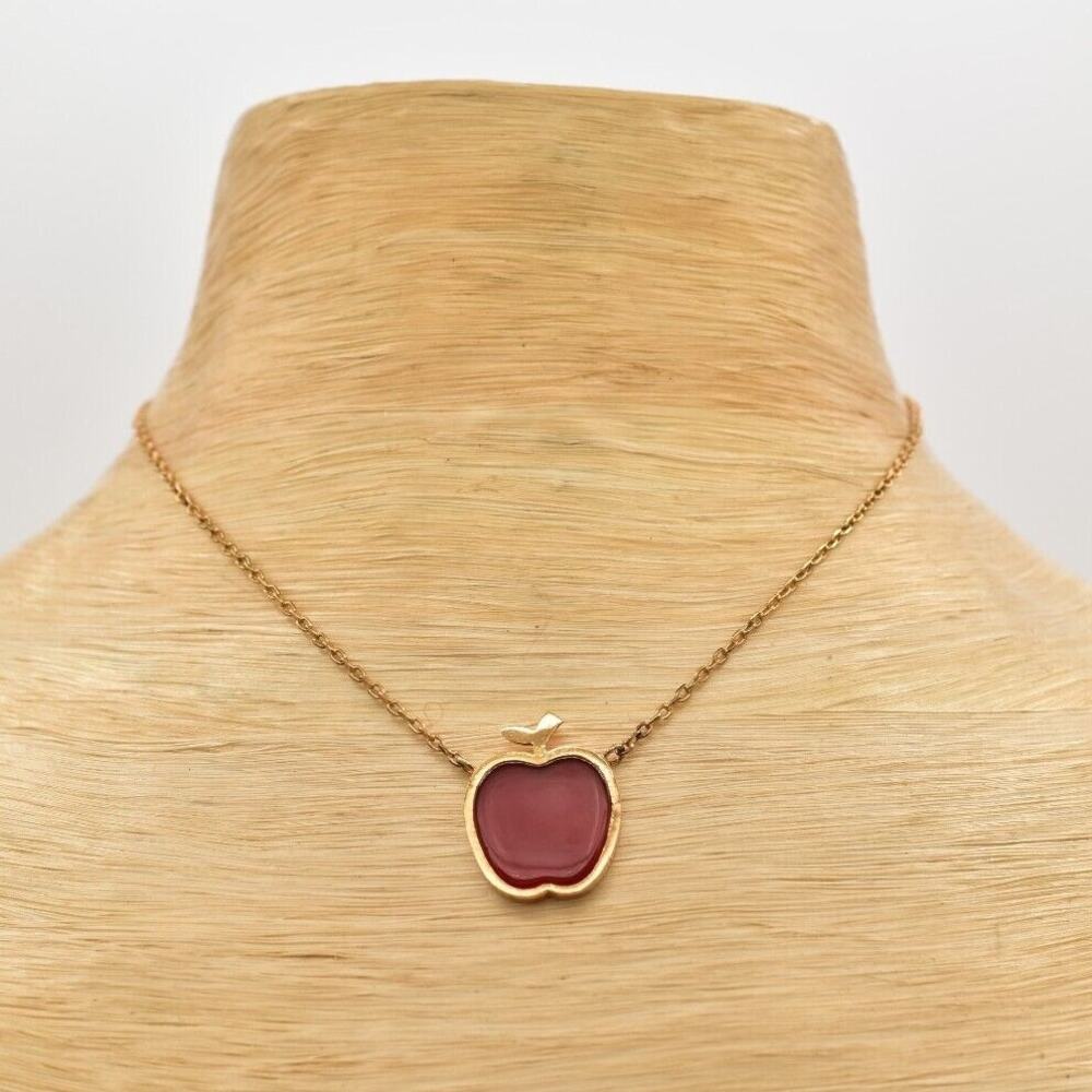 Vintage Apple Pendant Choker Necklace Red Glass Bezel Inlay SS Signed 1990s BinK